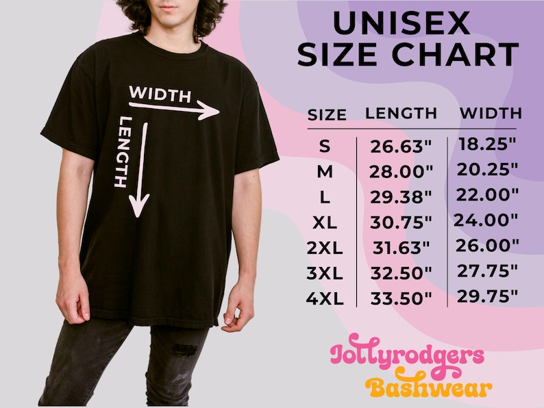 May include: Black t-shirt with a white graphic showing the words "WIDTH" and "LENGTH" with arrows. The image includes a unisex size chart with measurements in inches for sizes S through 4XL. The Jollyrodgers Bashwear logo is at the bottom.