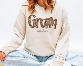 Custom Gram Sweatshirt, Personalized Grandma Crewneck, New Grandma Gift, Kid Names On Sleeve, Great Grandma Gift, Gram Sweater, Gift For Mom