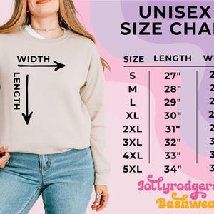 May include: A beige unisex sweatshirt with a size chart. The chart shows measurements for sizes S to 5XL, with lengths from 27" to 34" and widths from 20" to 34". The text "UNISEX SIZE CHART" is at the top.
