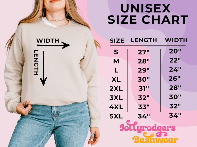 May include: A beige unisex sweatshirt with a size chart. The chart shows measurements for sizes S to 5XL, with lengths from 27" to 34" and widths from 20" to 34". The text "UNISEX SIZE CHART" is at the top.