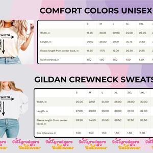 K&ouml;nnte beinhalten: Das Bild zeigt Gr&ouml;&szlig;entabellen f&uuml;r Comfort Colors Unisex T-Shirts und Gildan Crewneck Sweatshirts. Die Tabellen zeigen Ma&szlig;e in cm f&uuml;r Breite, L&auml;nge und &Auml;rmell&auml;nge mit Gr&ouml;&szlig;enangaben. Der Text "COMFORT COLORS UNISEX TEE" und "GILDAN CREWNECK SWEATSHIRT" sind sichtbar.
