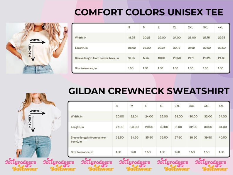 K&ouml;nnte beinhalten: Das Bild zeigt Gr&ouml;&szlig;entabellen f&uuml;r Comfort Colors Unisex T-Shirts und Gildan Crewneck Sweatshirts. Die Tabellen zeigen Ma&szlig;e in cm f&uuml;r Breite, L&auml;nge und &Auml;rmell&auml;nge mit Gr&ouml;&szlig;enangaben. Der Text "COMFORT COLORS UNISEX TEE" und "GILDAN CREWNECK SWEATSHIRT" sind sichtbar.