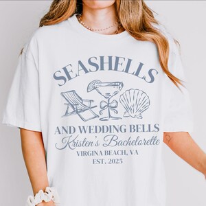 Seashells and Wedding Bells Bachelorette Party Shirt, Beach Bachelorette Girls Weekend TShirt, Costal Bach Party Merch, Luxury Bach Merch