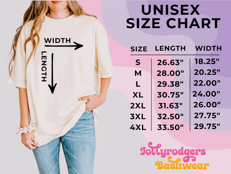 May include: A person wearing a cream-colored t-shirt and blue jeans. The shirt has the text "WIDTH" and "LENGTH" with arrows pointing to the dimensions. A unisex size chart is displayed, with measurements in inches for sizes S to 4XL.