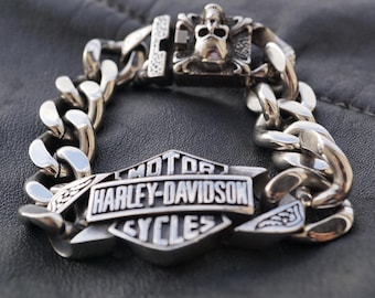 HD Harley Davidson Biker roestvrijstalen armband met doodskop en bar-en-schildmotief, nieuw.