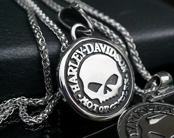 Collana con ciondolo a forma di teschio Harley Davidson HD da motociclista, NUOVA, in acciaio inossidabile, gioiello argento