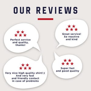 May include: Image displaying customer reviews with speech bubbles and red star ratings. Text includes phrases like "Perfect service and quality, thanks!" and "Great service! So reactive and kind."