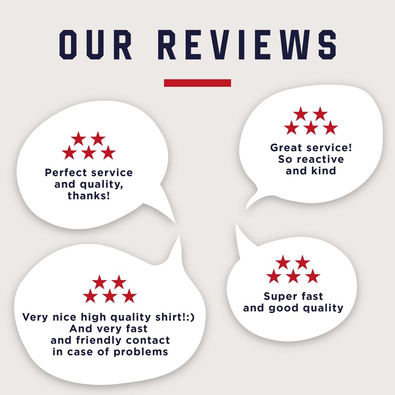 May include: Image displaying customer reviews with speech bubbles and red star ratings. Text includes phrases like "Perfect service and quality, thanks!" and "Great service! So reactive and kind."