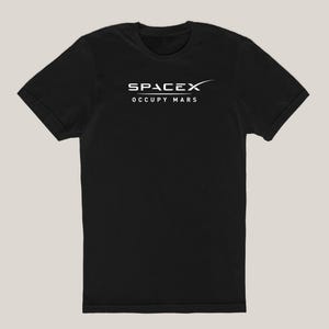 May include: Black short-sleeved t-shirt with a white SpaceX logo and the text "Occupy Mars".