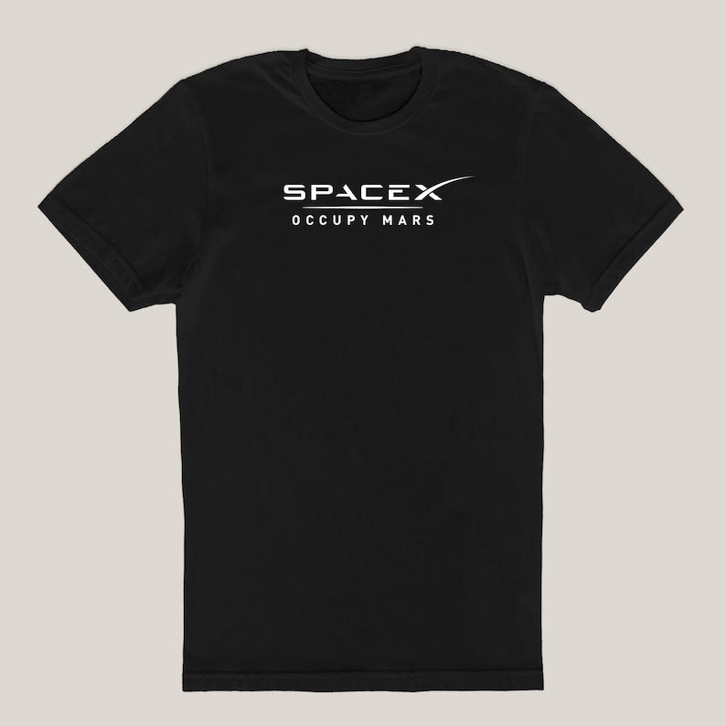 May include: Black short-sleeved t-shirt with a white SpaceX logo and the text "Occupy Mars".