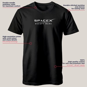 May include: Black t-shirt with a white SpaceX logo and the text "Occupy Mars". The shirt is made of 100% cotton and has a high quality feel.