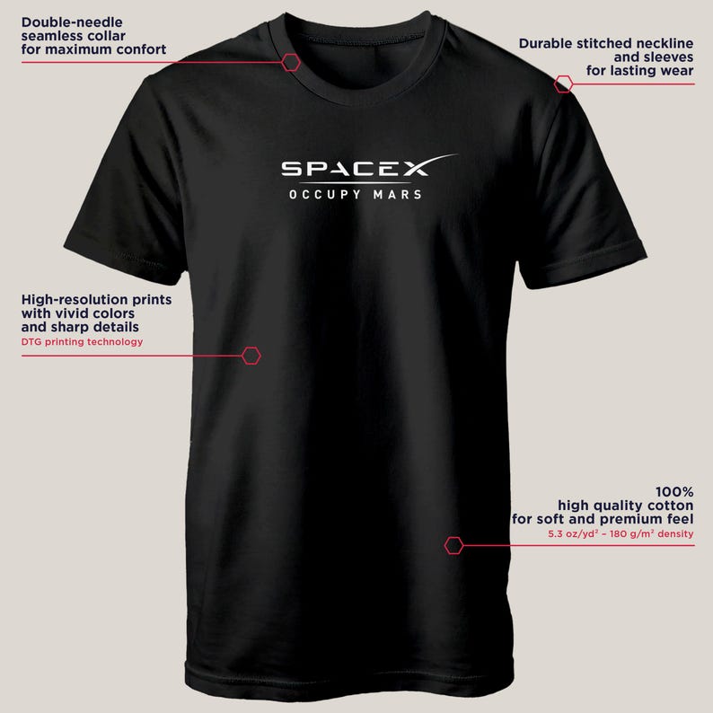 May include: Black t-shirt with a white SpaceX logo and the text "Occupy Mars". The shirt is made of 100% cotton and has a high quality feel.