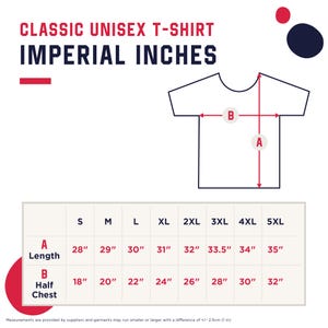 May include: A diagram for a classic unisex t-shirt, with measurements in inches. The text "CLASSIC UNISEX T-SHIRT IMPERIAL INCHES" is at the top. The chart shows sizes S to 5XL, with length measurements from 28" to 35" and half chest measurements from 18" to 32".