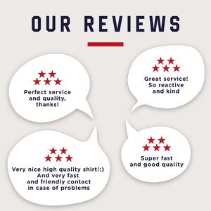 May include: Four speech bubbles with five red stars in each, representing customer reviews. The text in the bubbles reads: "Perfect service and quality, thanks!" "Great service! So reactive and kind" "Very nice high quality shirt!:) And very fast and friendly contact in case of problems" "Super fast and good quality"