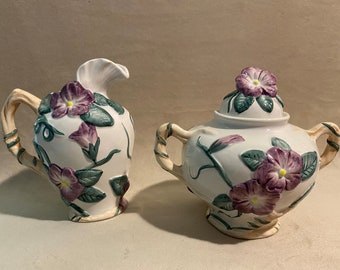 Vintage Fitz and Floyd 1991 Hibiscus Flower Creamer & Sugar Bowl w/lid Rare