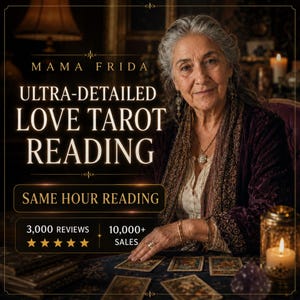 Może przedstawiać: Starsza osoba z siwymi włosami w ciemnej aksamitnej marynarce i wzorzystym szaliku, siedząca przy stole z kartami tarota. Tekst głosi: MAMA FRIDA, ULTRA-DETAILED LOVE TAROT READING, SAME HOUR READING, 3,000 REVIEWS, 10,000+ SALES.