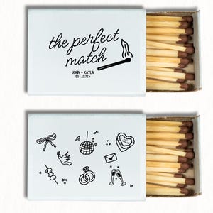 Diseño de plantilla de caja de cerillas con el doodle de la combinación perfecta Cerillas de boda Recuerdo de caja de cerillas Caja de cerillas personalizada Cerillas personalizadas