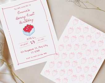 Berry First Birthday Invitation, Berry 1st Birthday Invite, Pink Red Bow Strawberry Sweet One 1st Bday