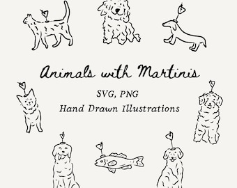 Funny Animal Cocktail Clipart Bundle | Wedding Bar Clip Art SVG PNG | Cute Pet Icon Set | Hand Drawn Digital Download | Bachelorette Party