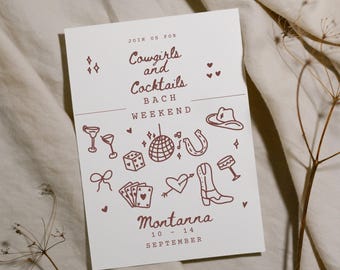 Invitación de despedida de soltera "Vaqueras y cócteles", botas y votos (plantilla editable)