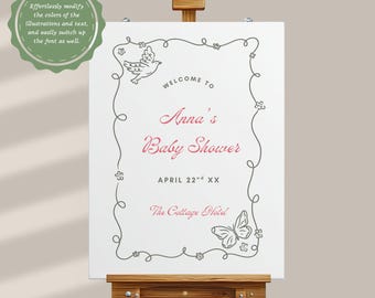 Floral Baby Shower Welcome Sign Chinoiserie Hand Drawn Template Editable Pink and Green Floral Poster Sign Printable Digital Download