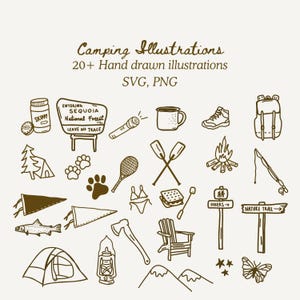 Whimsical Hand-Drawn Camp Icons Clip Art Set in PNG, SVG Formats | Fisherman Aesthetic Camp Bride Bachelorette Camping Trip