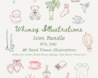 Hand Drawn Whimsy Illustrations, Wedding Clipart Bundle, Baby Shower Icons for Invitations, Whimsical Style PNG, Bridal Shower Icons