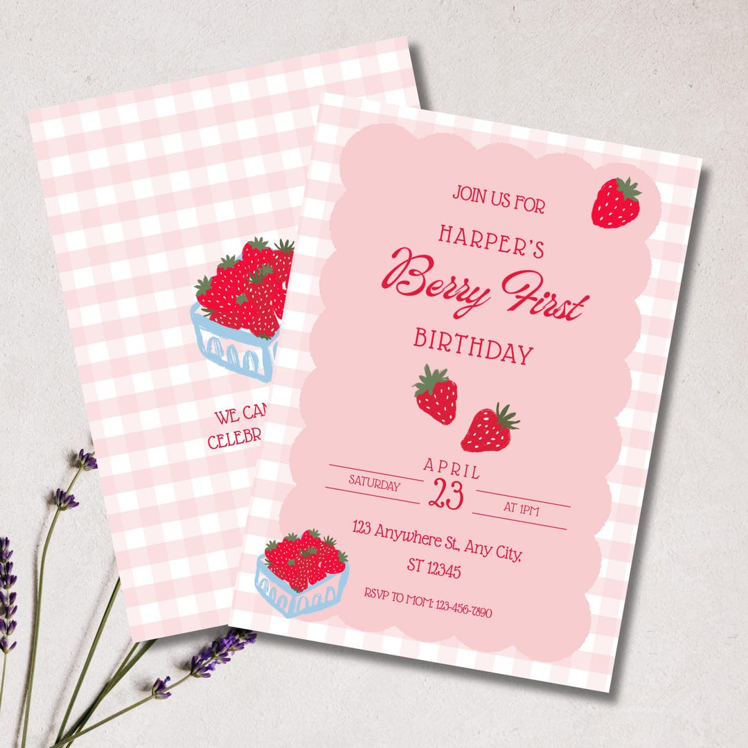 Berry First Birthday Invitation, Berry 1st Birthday Invite, Pink Red ...