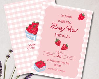 Berry First Birthday Invitation, Berry 1st Birthday Invite, Pink Red Bow Strawberry First Birthday Gingham Invite, Editable Printable