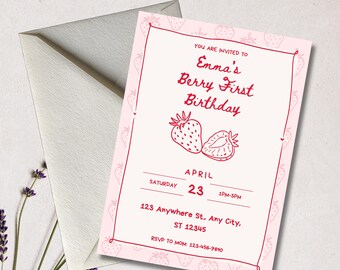 Hand-Drawn Strawberry First Birthday Invitation, Garden Party Invite (Digital Download)