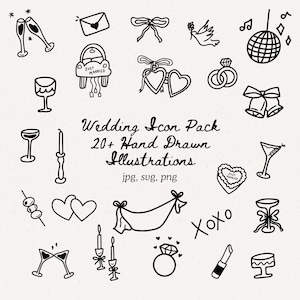 Wedding Illustration Set - Whimsical Whimsical Clipart, Hand-Drawn Bridal Shower Aesthetic Digital Hand Drawn Illustrations Icons