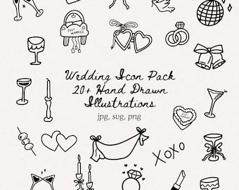 Wedding Illustration Set - Whimsical Whimsical Clipart, Hand-Drawn Bridal Shower Aesthetic Digital Hand Drawn Illustrations Icons