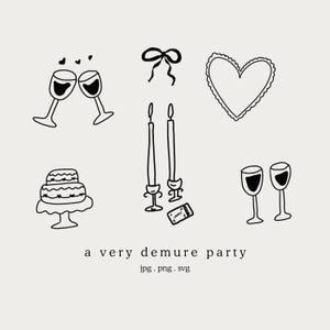 Ilustrações de casamento para convites Ícones desenhados à mão Download instantâneo Desenhos de clipart para download Jantar de casamento Chá de panela