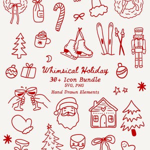 Peut inclure: Ensemble d'icônes de Noël rouges dessinées à la main, comprenant une couronne, une bouteille, une canne en bonbon, un bonnet de Père Noël, des patins à glace, des skis, un casse-noisette, etc. Le texte indique "Whimsical Holiday 30+ Icon Bundle SVG, PNG Hand Drawn Elements."