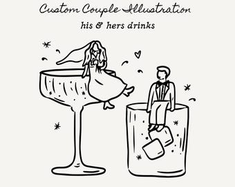 Hand drawn custom Personalized Couple Bride And Groom Portrait | Wine Cocktail Glasses, Hand Drawn Whimsical Wedding Portrait Art
