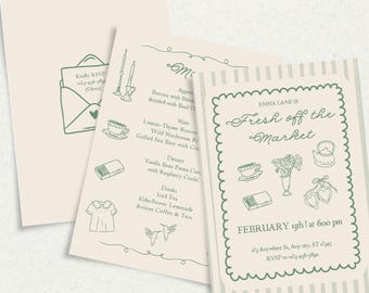 Fresh Off The Market Invitation Template, Bridal Shower Whimsy Invite and Menu, Fresh off the Market, Green Stripes Florals, Editable DIY