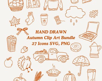 Puede incluir: Paquete de imágenes prediseñadas de otoño dibujadas a mano con 27 iconos en formatos SVG y PNG. Las ilustraciones incluyen un suéter, una calabaza, una cesta de manzanas, una taza de café, un pastel y una camioneta que transporta calabazas. El texto dice "Hand Drawn Autumn Clip Art Bundle 27 Icons SVG, PNG."