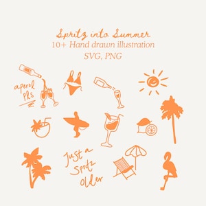 Set di illustrazioni "Spritz Into Summer" - Clipart di spiaggia disegnate a mano, Aperol Spritz, illustrazioni disegnate a mano, icone estive e scarabocchi artistici
