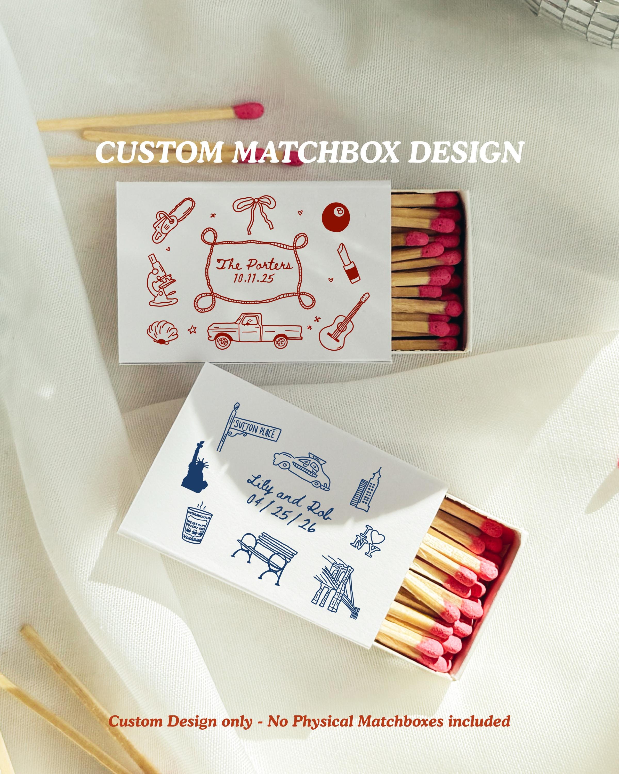 Custom Hand‑Drawn Wedding Matchbox Design Personalized Favor with 8 Custom Icons Bridesmaid Gift Personalized Wedding Favors Unique Gift