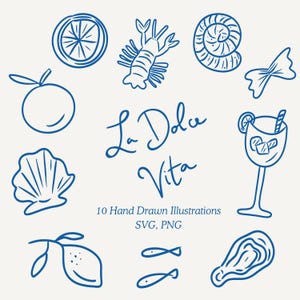 Dolce Vita Illustration Set - Whimsical Hand-Drawn Beach Clipart, Bon Voyage Hand Drawn Illustrations, Dolce Vita Summer Icons Doodles Art