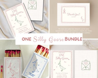 One Silly Goose First Birthday Invitation, Editable Template Vintage Floral Bow Theme, Girl 1st Birthday, Pink Birthday and Green Boy