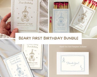 Teddy Bear 1st Birthday Invitation Hand Drawn Teddy Bear and Silly Goose Neutral Gingham, Editable Canva Template (Digital Download)