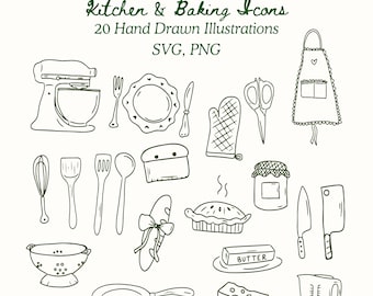 Può includere: Illustrazione di icone di cucina e pasticceria disegnate a mano, tra cui un mixer, utensili, una torta e un misurino. Il testo "Kitchen & Baking Icons" e "20 Hand Drawn Illustrations" è in alto. Formati SVG e PNG.