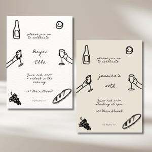 _Handgezeichnete Hochzeitseinladung Vorlage |oder Menü | Wein + Käse | Geburtstag | Mädelsabend | Wein | Gekritzel einladen | Personalisierbar