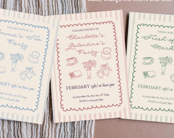 Bridal Shower Brunch Invitation Template, Bridal Shower Whimsy Invite and Menu, Fresh off the Market, Pink Stripes Florals, Editable DIY