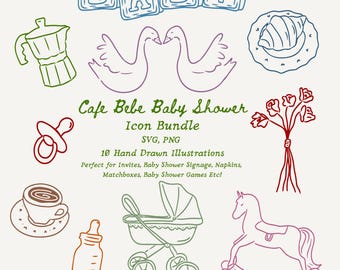 Cafe Bebe Shower Icon Set Gender Reveal Clip Art Baby Shower Hand Drawn Illustration Bundle  Illustration SVG PNG