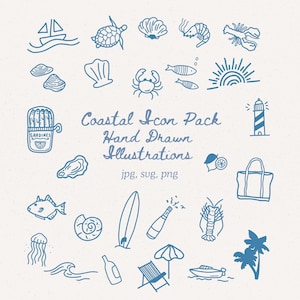 Küsten Illustration Set - Wunderliche Handgezeichnete Strand Clipart, Bon Voyage Handgezeichnete Illustrationen, Dolce Vita Sommer Icons Doodles Kunst