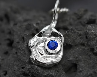 Fine Silver 999 Blue Necklace, Handmade Silver Pendant, Sapphire Blue Cubic zirconia, Water Cast Jewelry, Unique Artisan Gift