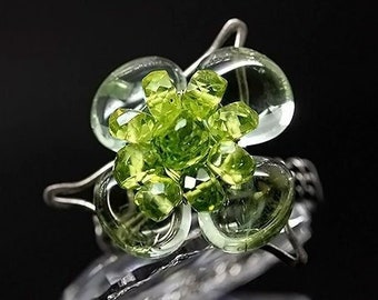 Bague unique pour femmes Bague Péridot Prasiolite fleur trèfle bague en pierre précieuse Cadeau unique pour son améthyste verte cottagecore bijoux fairycore