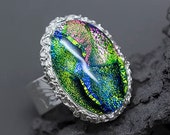 Unique ring for women Dichroic glass silver ring Celestial jewelry Galaxy ring wide Cocktail statement ring Space Nebula Aurora Borealis